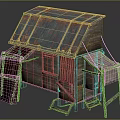 Weathered Wooden House Featuring Rusty Corrugated Iron Roof Cloth Curtain And Wooden Ladder Structure