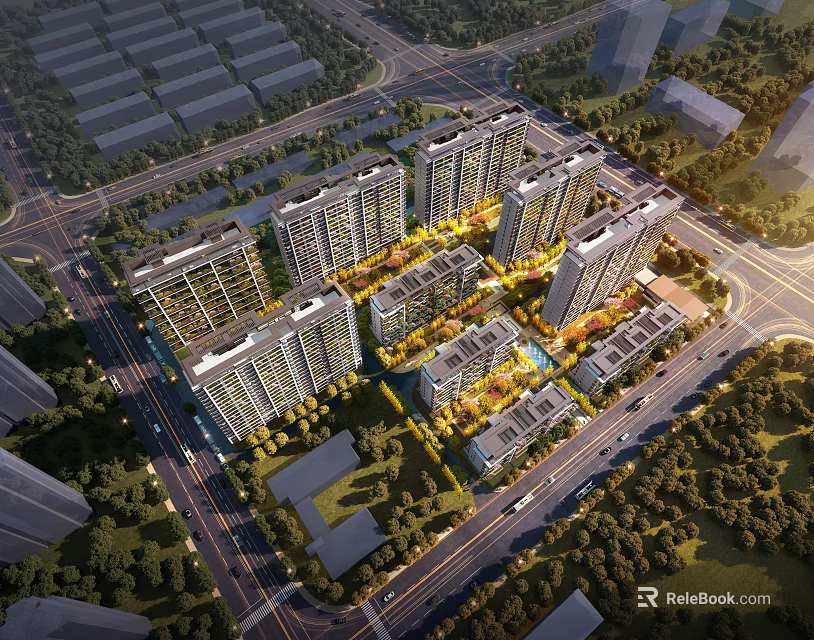 Aerial Planning of Modern Residential Complex With High Rise Buildings Green Spaces And Roads 3d model 