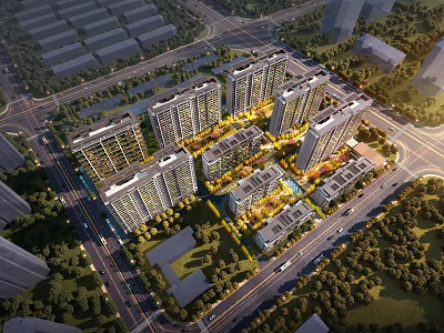 Aerial Planning of Modern Residential Complex With High Rise Buildings Green Spaces And Roads 3d model