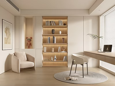Modern Minimalist Study Room With Bookshelf Decorative Items Armchair Desk Laptop And Round Rug 3d model
