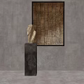 Modern Decorative Ornament Set With Stone Sculpture Pedestal And Textured Panel On Gray Wall