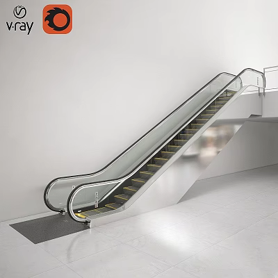 Modern Escalator With Glass Railing And Yellow Steps In White Building 3d model