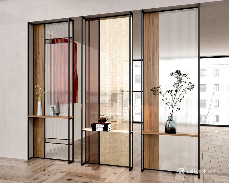 Modern Room Dividers With Glass Panels Wooden Frames Metal Accents And Decorative Shelves 3d model 