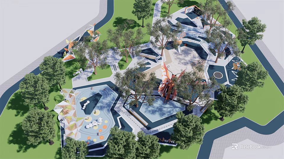 Modern Park Landscape Design With Greenery Seating Areas Walking Paths And Art Installations 3d model 