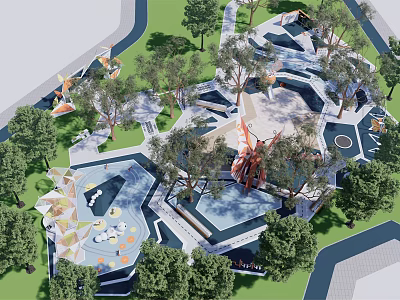 Modern Park Landscape Design With Greenery Seating Areas Walking Paths And Art Installations 3d model
