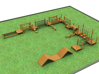 Wooden Playground Equipment With Climbing Frames Slides And Swings In Outdoor Grass Area 3d model