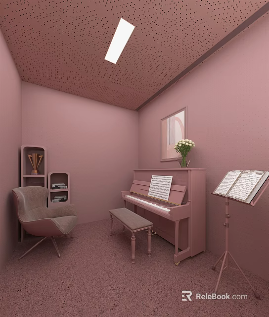 Pastel Pink Piano Room With Piano Bench Music Stand And Armchair 3d model 