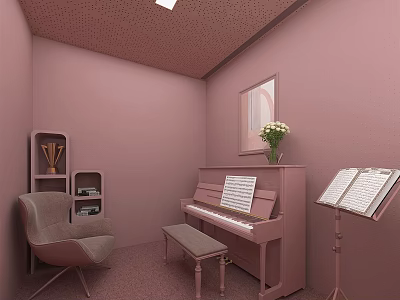 Pastel Pink Piano Room With Piano Bench Music Stand And Armchair 3d model
