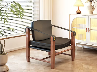 Modern Black Leather Leisure Chair With Solid Wood Frame And Armrests For Living Room 3d model