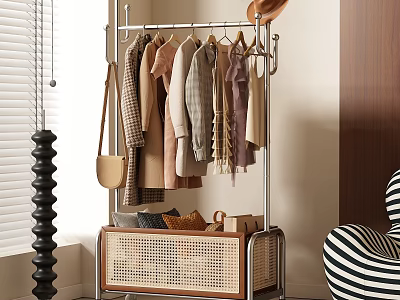 Modern Clothes Rack With Hanging Clothes Hat And Rattan Storage Basket In Interior 3d model
