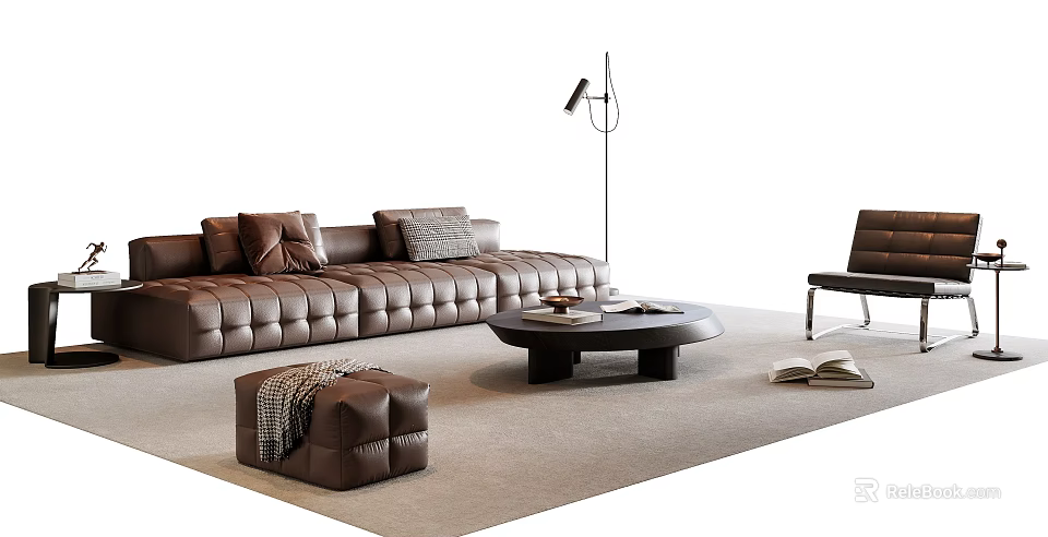 Brown Leather Tufted Sofa And Coffee Table Set With Ottoman Floor Lamp Accent Chair 3d model 