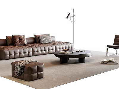 Brown Leather Tufted Sofa And Coffee Table Set With Ottoman Floor Lamp Accent Chair 3d model