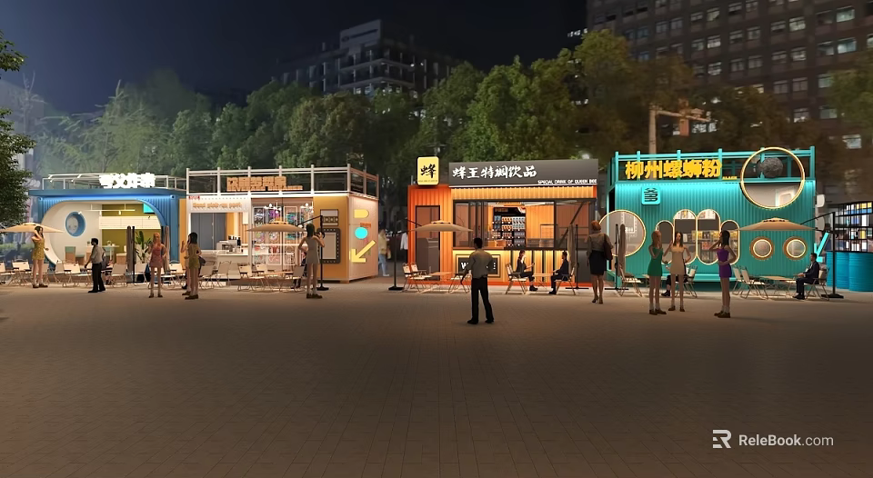 Night Outdoor Colorful Food Stalls with People Gathering Near Trees and Buildings 3d model 