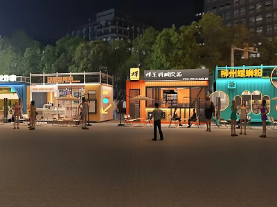 Night Outdoor Colorful Food Stalls with People Gathering Near Trees and Buildings 3d model