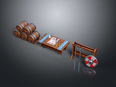 Wooden Barrels Table With Papers And Tool Plus Shield For Daily Use 3d model