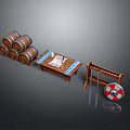 Wooden Barrels Table With Papers And Tool Plus Shield For Daily Use 3d model