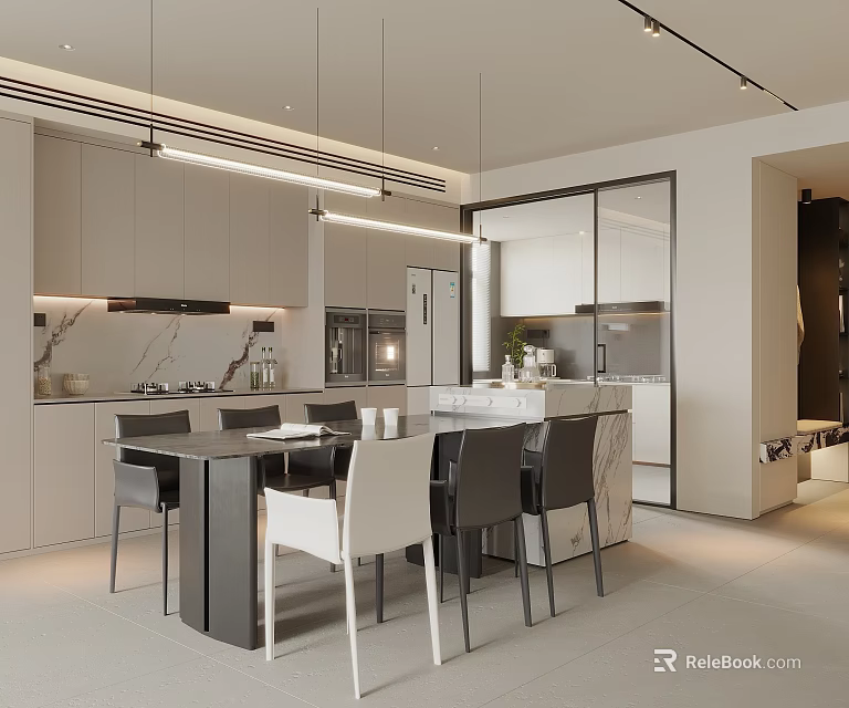 Modern Dining Room Interior Design With Open Kitchen Cabinets Dining Table Chairs And Pendant Lights 3d model 
