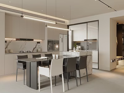 Modern Dining Room Interior Design With Open Kitchen Cabinets Dining Table Chairs And Pendant Lights 3d model