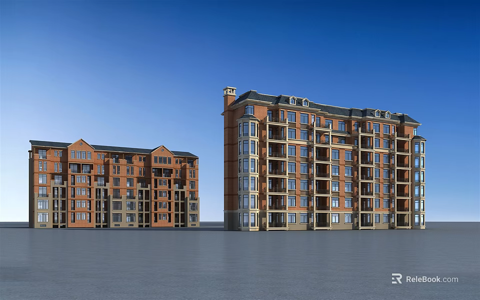 Detached Villas With Red Brick Exteriors Multiple Storeys And Balconies Under Blue Sky 3d model 