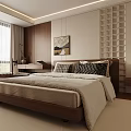 Modern Minimalist Bedroom With Wooden Lattice Accent Wall Bay Window And Area Rug