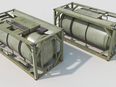 Green Industrial Cylindrical Tanks with Metal Frames and Yellow Warning Stripes for Industrial Storage 3d model