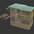 Small Wooden Cabin Featuring Blue Roof Lattice Windows Stone Base Wooden Bench with Yellow Items