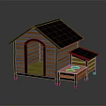 Wooden Dog House With Black Roof And Small Table With Bowls