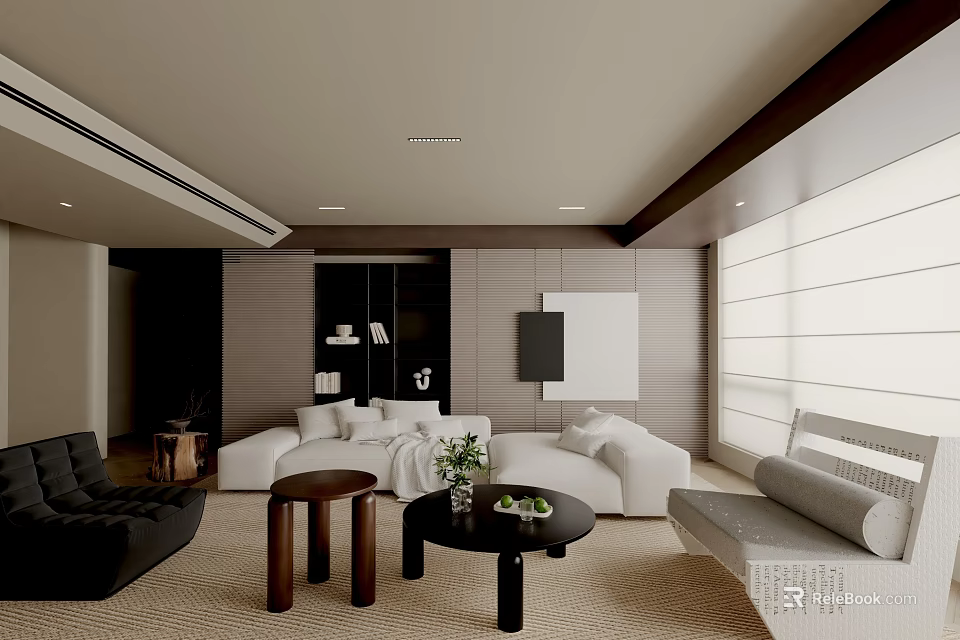 Warm Modern Minimalist Living Room With Comfortable Sectional Sofa And Elegant Neutral Tone Interior Design 3d model 