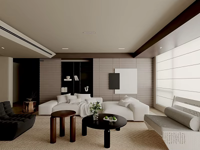 Warm Modern Minimalist Living Room With Comfortable Sectional Sofa And Elegant Neutral Tone Interior Design 3d model