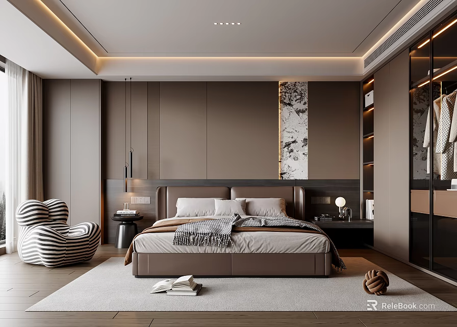 Modern Bedroom Interior Design With Dark Headboard Striped Armchair Glass Wardrobe And Carpet 3d model 