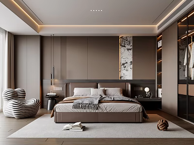 Modern Bedroom Interior Design With Dark Headboard Striped Armchair Glass Wardrobe And Carpet 3d model