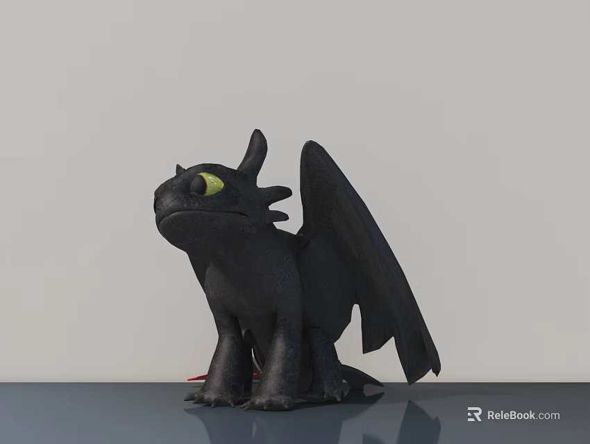 Black Dragon Doll with Yellow Eyes and Wings Standing on Smooth Surface Against Grey Background 3d model 