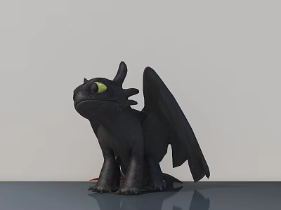 Black Dragon Doll with Yellow Eyes and Wings Standing on Smooth Surface Against Grey Background 3d model