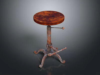Rustic Wooden Stool With Round Seat And Adjustable Metal Curved Legs Base 3d model