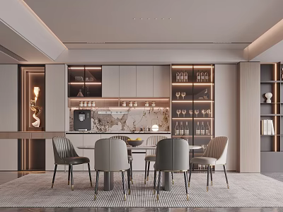 Elegant Modern Restaurant Interior With Dining Table Chairs Wine Racks And Warm Lighting Design 3d model