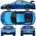 Blue Porsche Sports Car Front And Rear Views