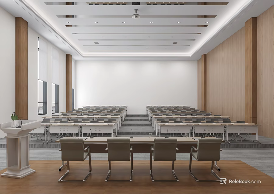 Conference Room Interior Design With Large Seating Wooden White Walls Lectern And Ceiling Lights 3d model 