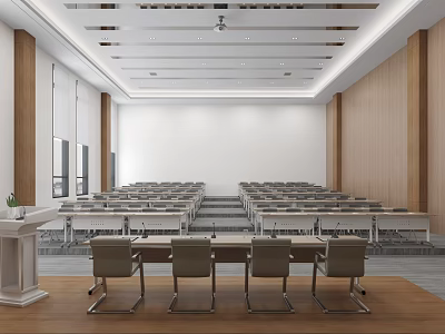 Conference Room Interior Design With Large Seating Wooden White Walls Lectern And Ceiling Lights 3d model