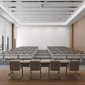 Conference Room Interior Design With Large Seating Wooden White Walls Lectern And Ceiling Lights