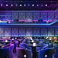 Stylish Bar Lounge With Neon Lighting Stage Performer Geometric Flower Decor And Candlelit Tables