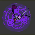 Woman In Dynamic Pose With Purple Attire Flowing Cape And Glowing Purple Circle