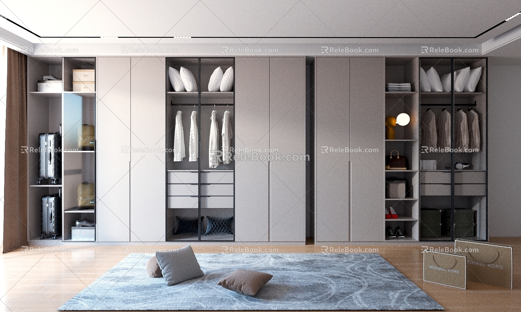 Wardrobe Combination White Wardrobe Glass Door Wardrobe Storage Cabinet Semi-Open Wardrobe 3d model