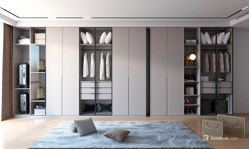 Modern Walk in Closet Interior with Hanging Clothes Folded Items Rug and Pillows 3d model 