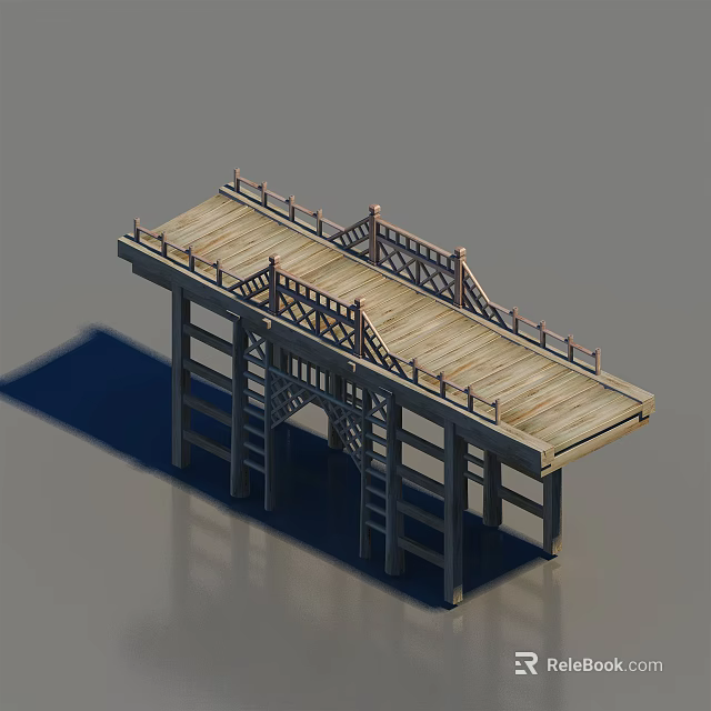 Wooden Bridge With Plank Deck Railings And Supporting Columns Design 3d model