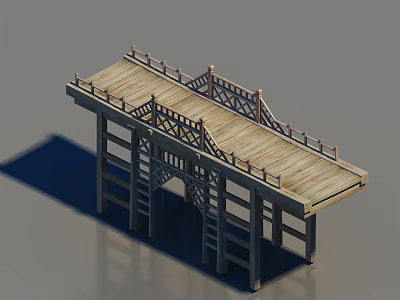 Wooden Bridge With Plank Deck Railings And Supporting Columns Design 3d model