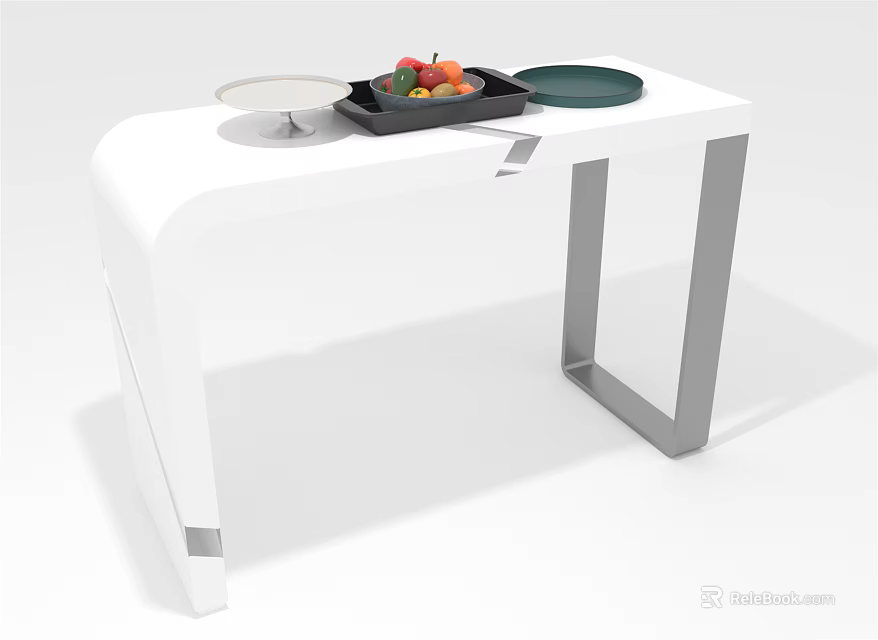 White Table With Fruit Tray Plates And Serving Tray On Top 3d model 