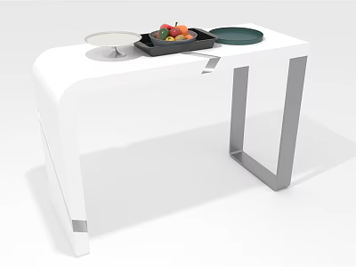 White Table With Fruit Tray Plates And Serving Tray On Top 3d model