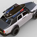 Silver Off Road Style Car with Surfboard Red Light on Roof and Front Grille Design
