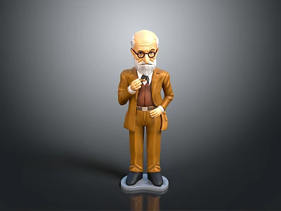 Elderly Man Figurine Standing in Brown Suit Holding Small Bird with Glasses 3d model