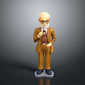 Elderly Man Figurine Standing in Brown Suit Holding Small Bird with Glasses